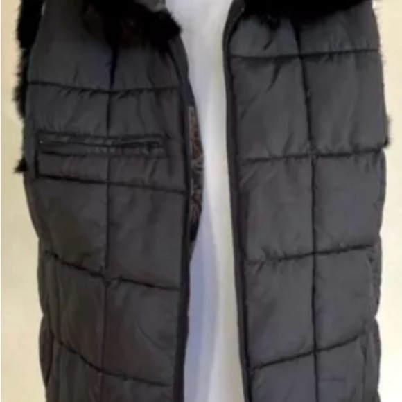 REVERSIBLE VEST 
Winter Quilted Puffer Fur Trim Floral & Black Zip Pockets M - Picture 6 of 9